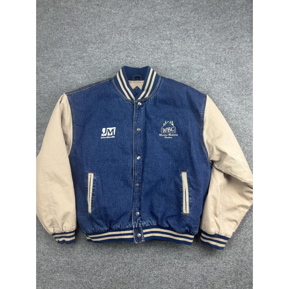 Johns Manville‎ WBC Jacket Mens XL Blue Tan Denim Varsity Bomber Tri-Mountain